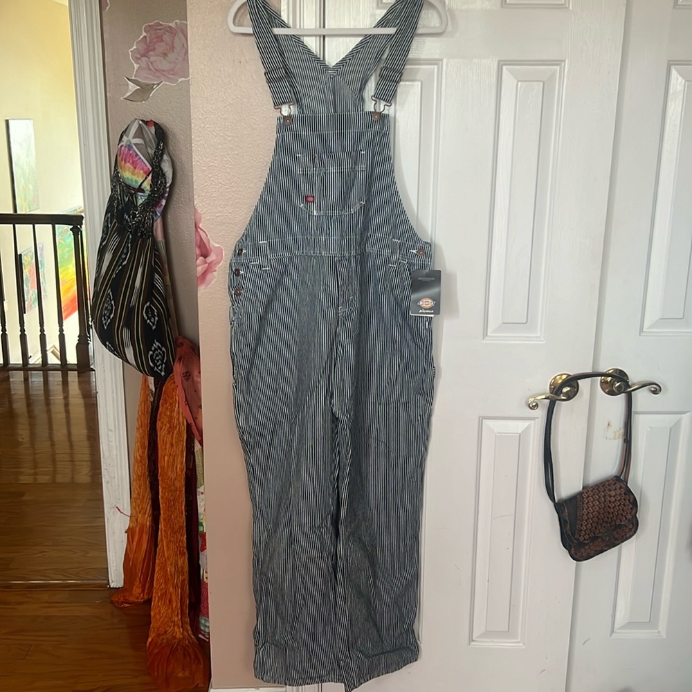 Never worn dickies overalls. Blue and white pinstriped.